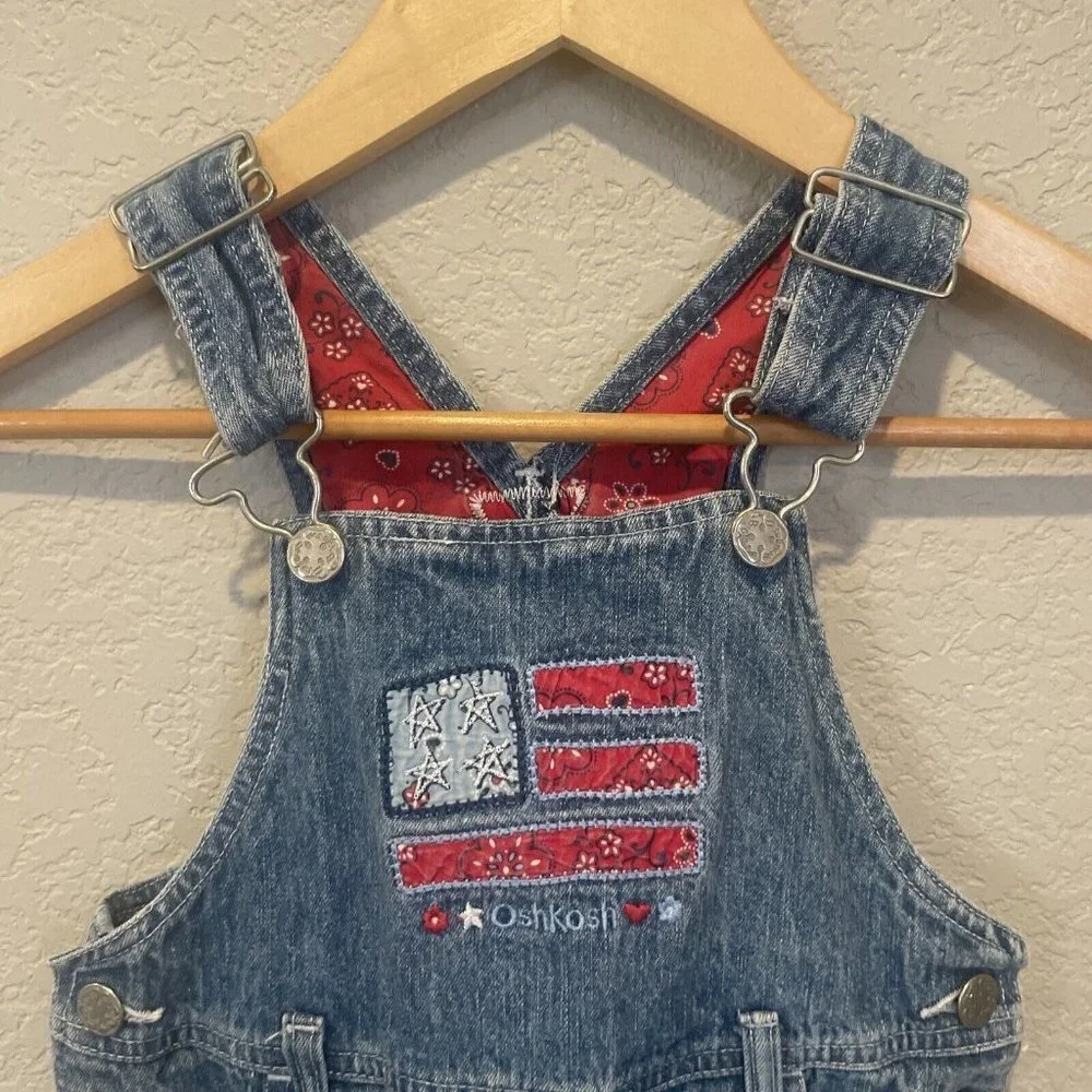 Vintage OshKosh Floral Denim Skirtall Jumper Girls 6 Flag Embroidery July 4th